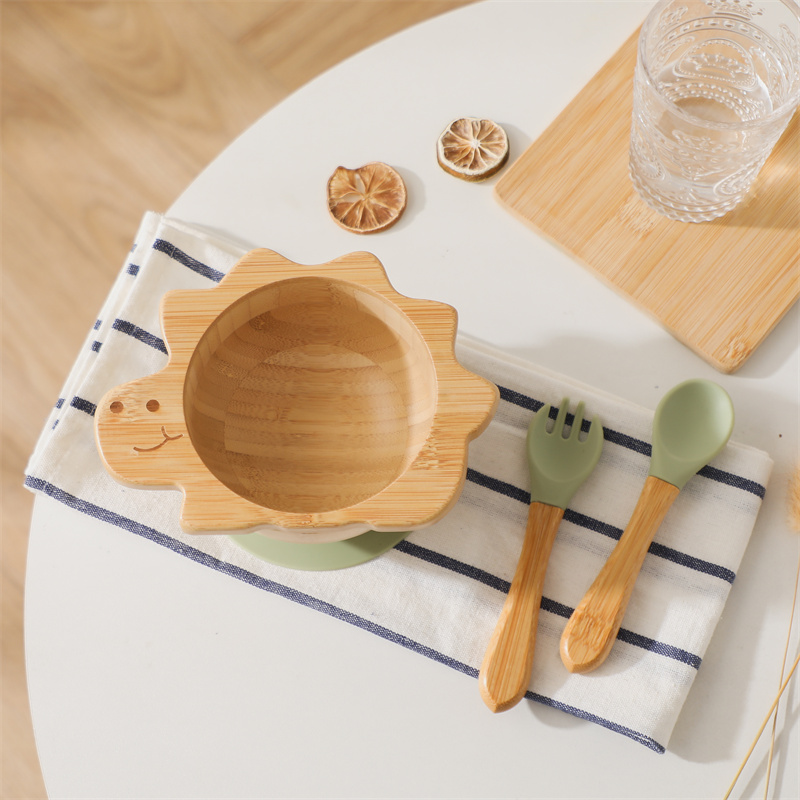 Baby Food Dispensing Spoon - 赤ちゃんの恐竜の食器,木製のプレート,ボウル,シリコン吸引,木製のハンドル,フォーク,スプーン,子供の給餌ギフト