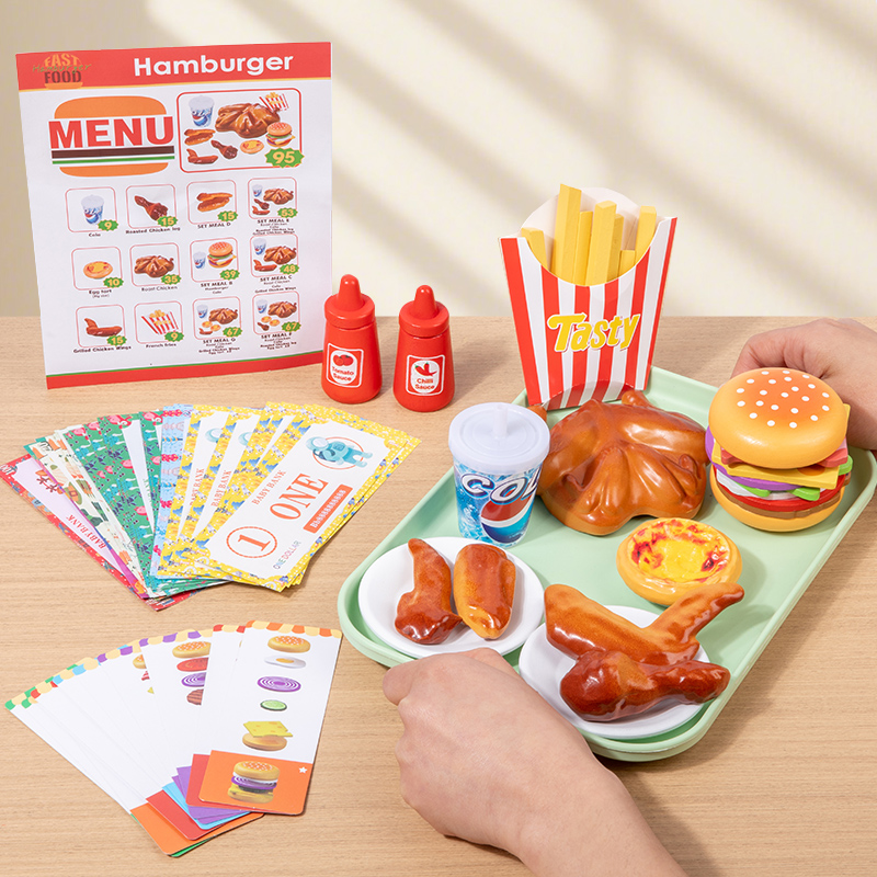 Baby Food Under 1 Year - 木製ファーストフードキッチンごっこ遊びおもちゃ、模擬食品教育用ハンバーガーとフライドチキンセット、子供用プレイハウスゲーム