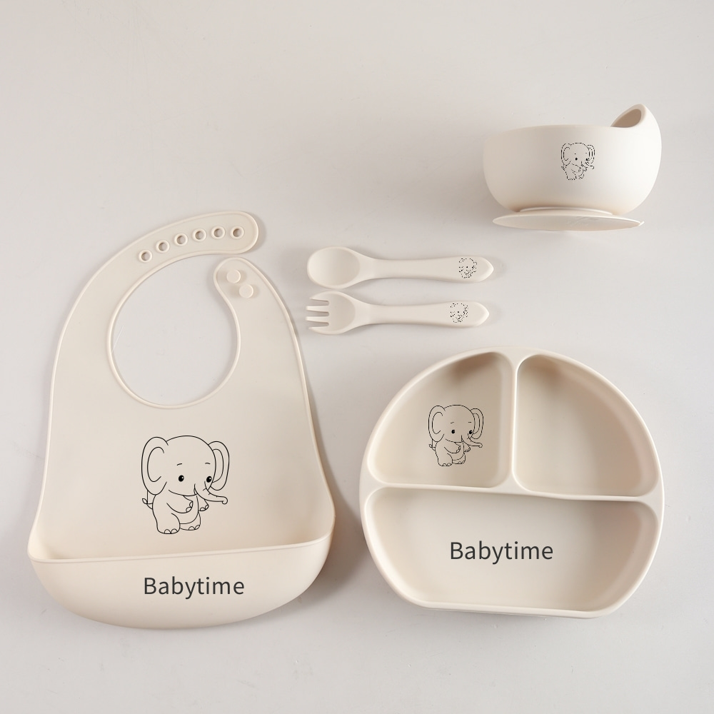 Baby Food Weaning - レーザーエレファントベビー食器セット、5点セット食品グレードシリコン離乳食セット（スタイ、吸盤付きプレート、ボウル、スプーン＆フォークギフトセット）
