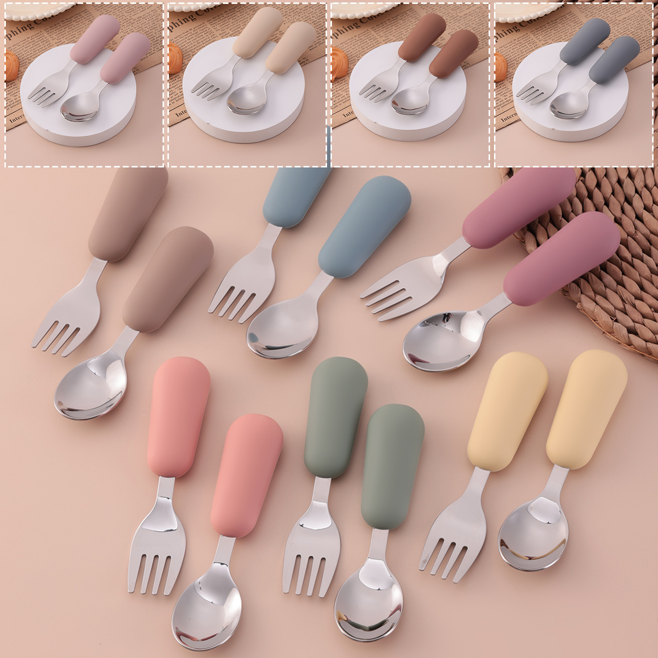 Baby Kitchen Food - カラーキッズ 2ピース ステンレス製フォークスプーン ベビー食器セット 環境に優しい幼児用食器 BPAフリー