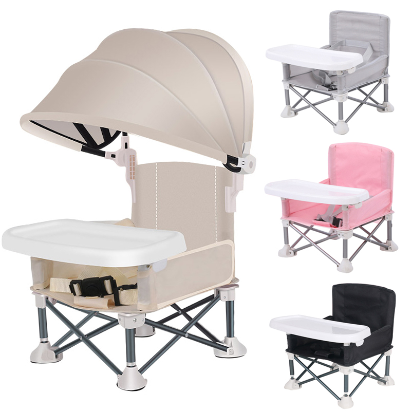 Baby Food Eating Chair - 折りたたみベビー食事椅子 オーニング付き 屋外旅行 ポータブルサンシェード ベビーシート 取り外し可能な給餌トレイ