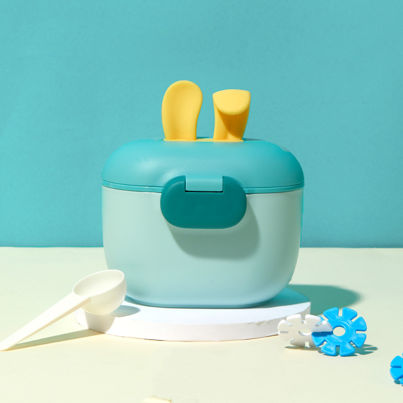 Baby Food Dispensing Spoon - 新しいシリコン製うさぎ耳型ミルクディスペンサー、粉ミルク容器、マット表面の粉ミルクボックス（スプーン、ロック、ストラップ付き）