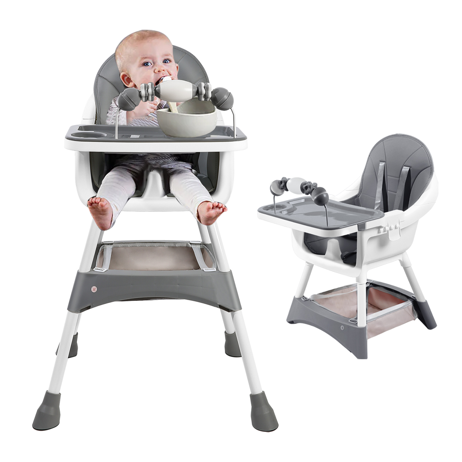 Baby Food Eating Chair - ベビーハイチェア、ポータブルベビーダイニングチェア 食べたり遊んだりできるコンバーチブルハイチェア、二層ディナープレートとおもちゃラック付き