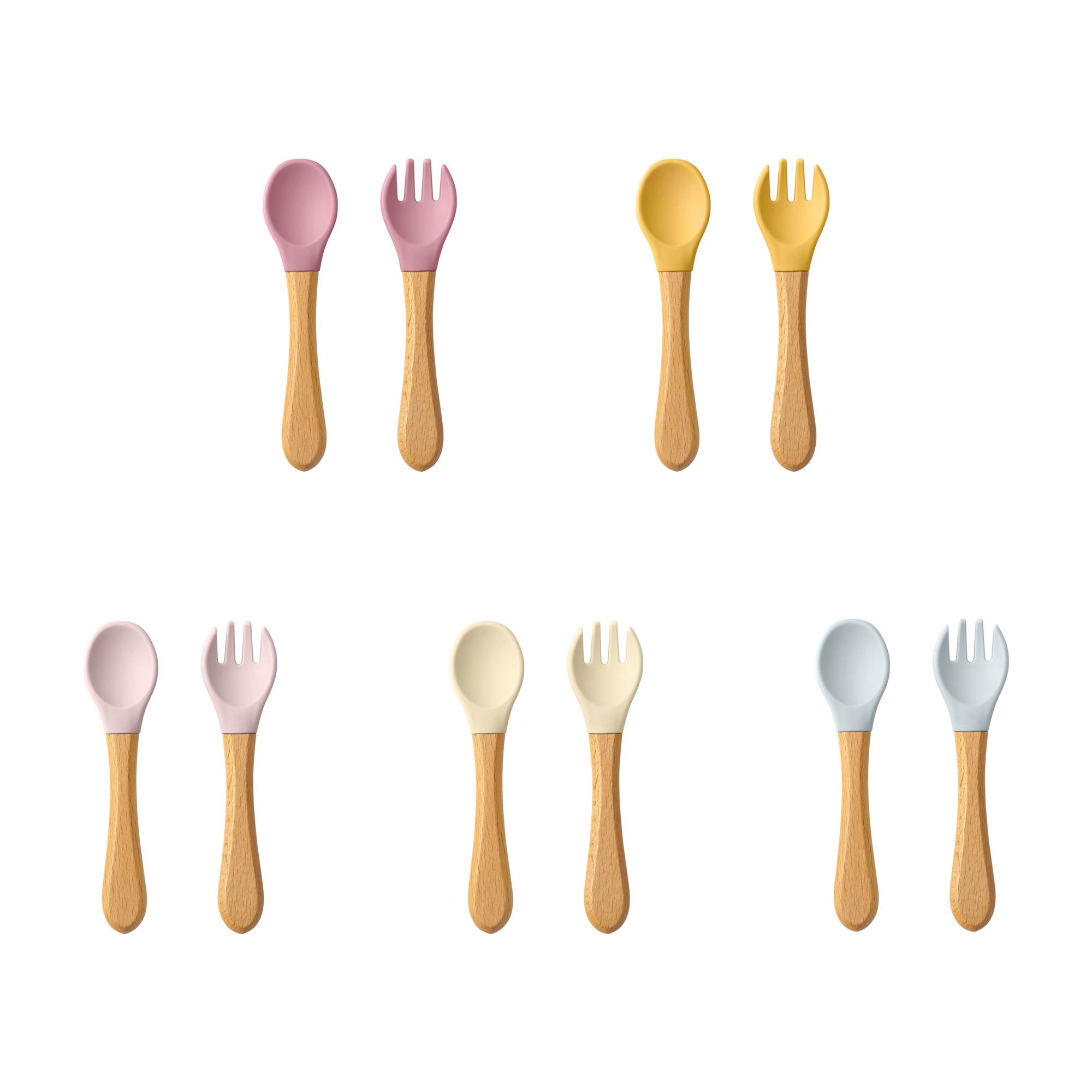 Baby Food Dispensing Spoon - 2 個ベビー学習スプーン食器セット食品グレードの木製ハンドルシリコーンスプーンフォークカトラリートレーニングスプーン給餌食器