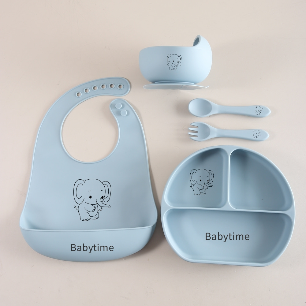 レーザーエレファントベビー食器セット、5点セット食品グレード - Baby Food Weaning のレビューと価格