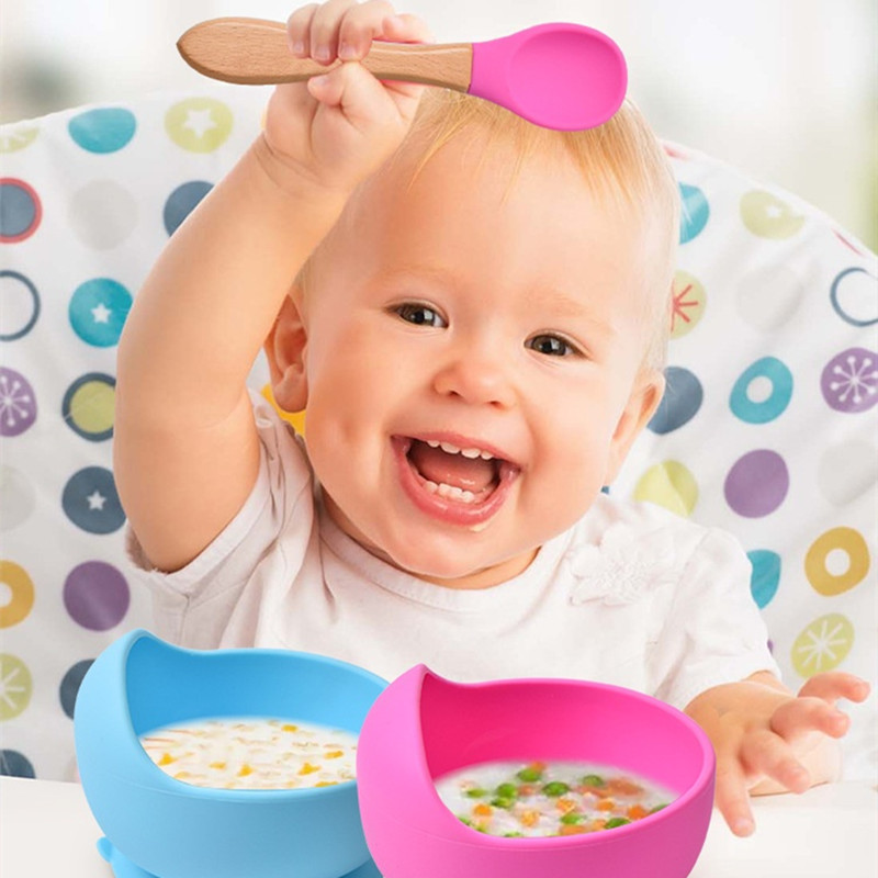 2 ピース/セットベビーシリコーンスプーンフォーク木製ハンド - Baby Food Dispensing Spoon のレビューと価格