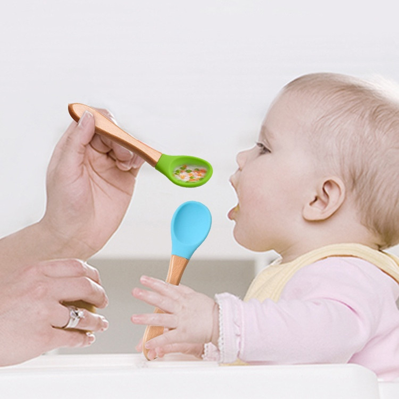2 ピース/セットベビーシリコーンスプーンフォーク木製ハンド - Baby Food Dispensing Spoon のレビューと価格