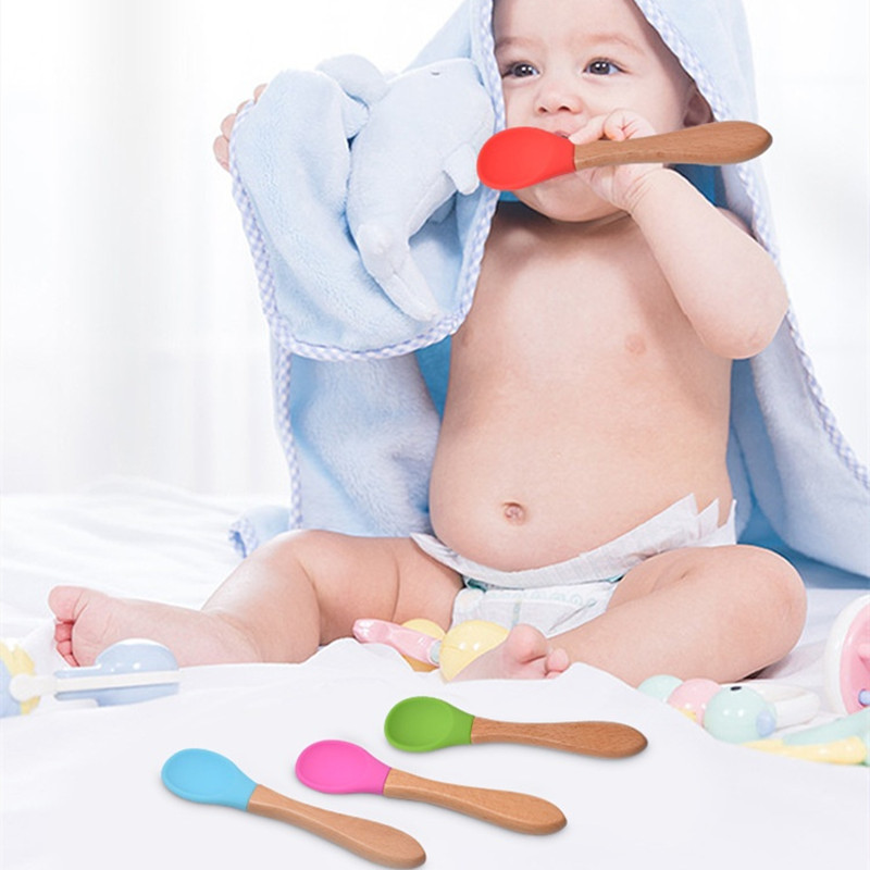 2 ピース/セットベビーシリコーンスプーンフォーク木製ハンド - Baby Food Dispensing Spoon のレビューと価格